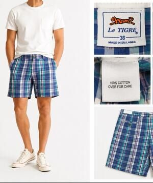 Golf Le Tigre Men's Flat Front Madras Plaid Shorts Size 36 Blue Teal Pink Preppy